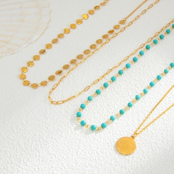 Boho Layered Gold Necklaces for Women with Western Turquoise Pendant Charm - Picture 7 of 7